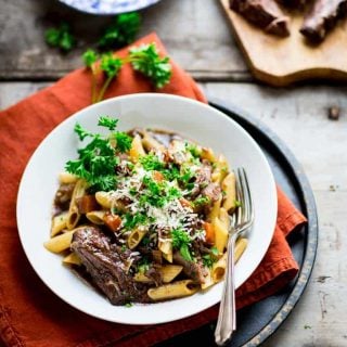 This Slow Cooker Beef with Pasta and Porcini Mushrooms is comfort food perfection that is assembled the day before and then cooked in your slow cooker, making it an awesome weeknight dinner! | Healthy Seasonal Recipes | Katie Webster