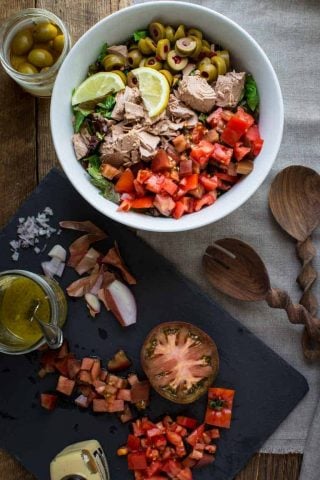 My favorite fast and healthy lunch ever! Chopped Salad with Tomatoes, Olives and Tuna on Healthy Seasonal Recipes
