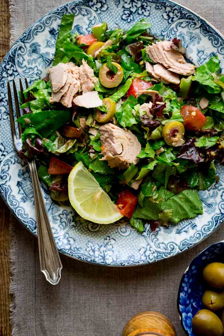 Green Salad with Tuna on a plate with a fork