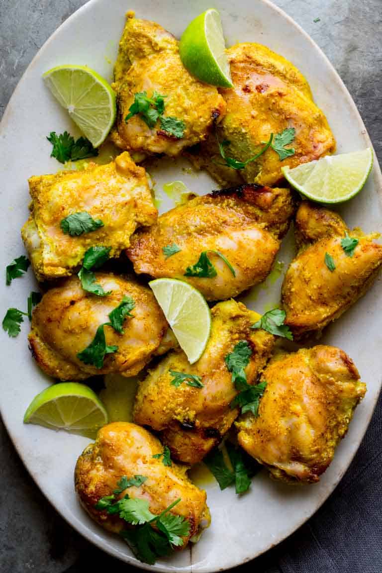 Yogurt Curry Chicken Thighs on a plate