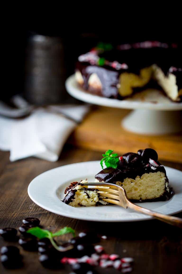 A slice of Peppermint Cheesecake on a plate