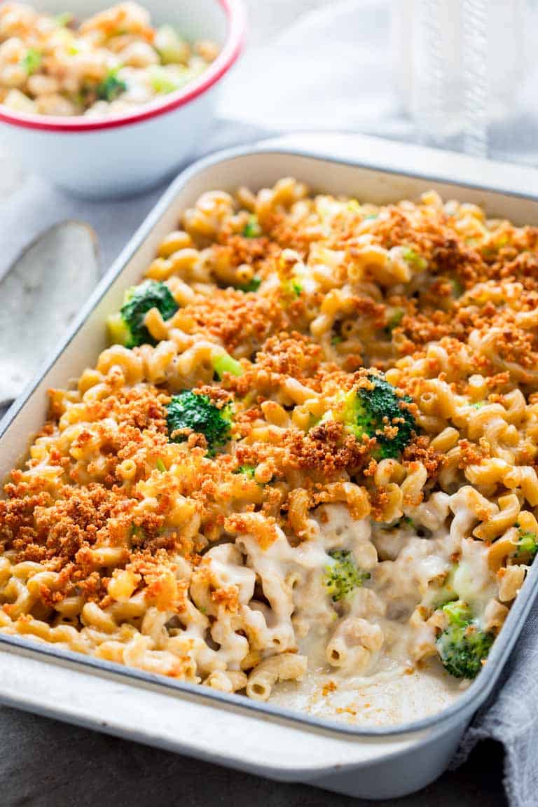 the casserole from overhead with a scoop removed