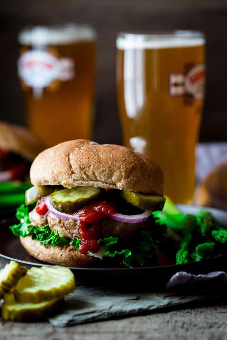 These Portobello and Swiss Beef Burgers are a healthier make-over of the all-American classic. And they’re ready in under 30 minutes, so you can get a delicious kid-friendly dinner on the table lickety-split! | Healthy Seasonal Recipes | Katie Webster