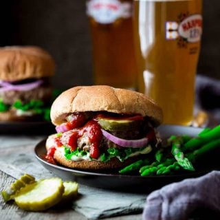 These Portobello and Swiss Beef Burgers are a healthier make-over of the all-American classic. And they’re ready in under 30 minutes, so you can get a delicious kid-friendly dinner on the table lickety-split! | Healthy Seasonal Recipes | Katie Webster