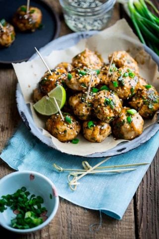 Hoisin Glazed Asian Turkey Meatballs on circular dish