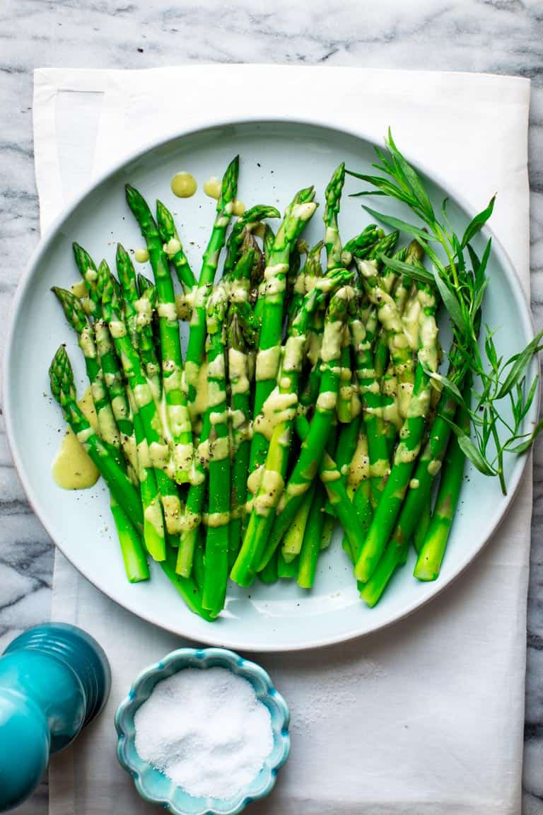 Asparagus with Vinaigrette on a serving plate