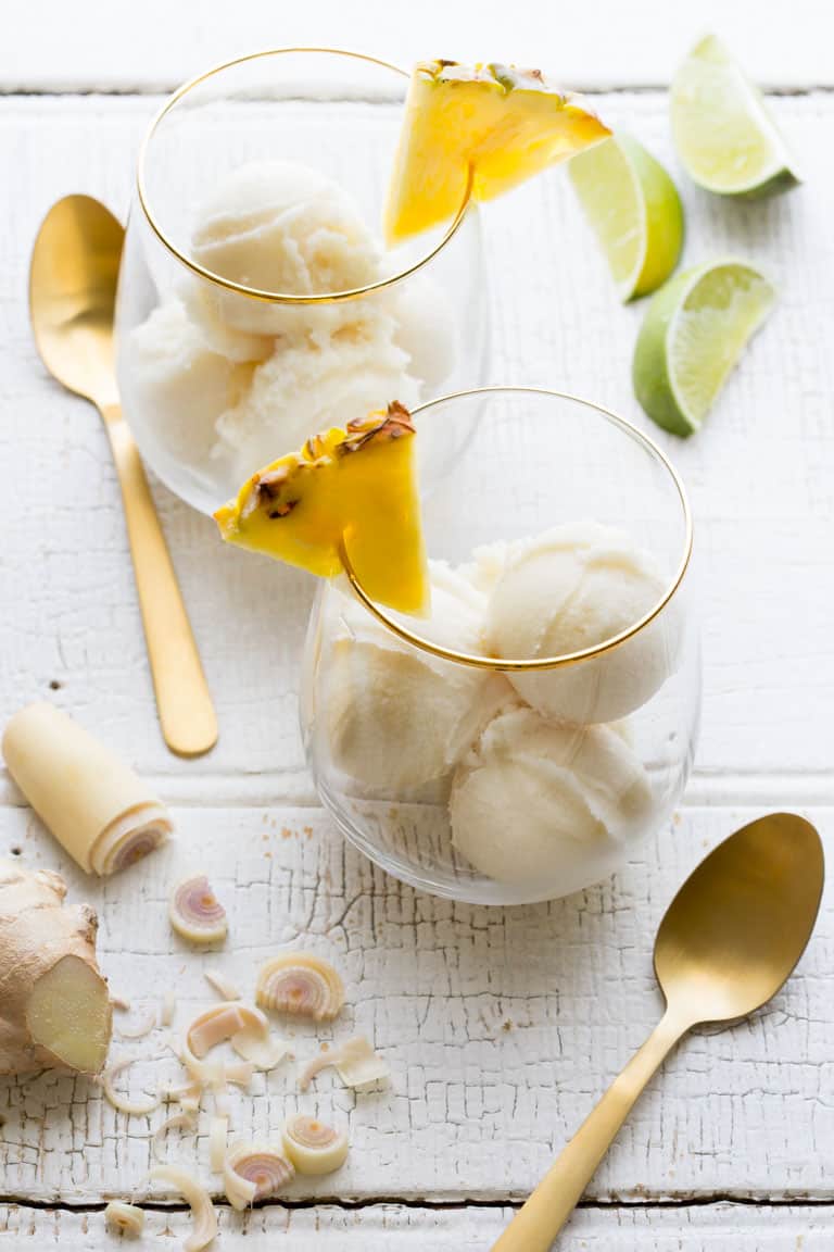 Just in time to help you survive this summer’s heatwave meet my refreshingly delicious Pineapple Coconut Sorbet. Super bonus that it is #glutenfree, and #vegan too! | Healthy Seasonal Recipes