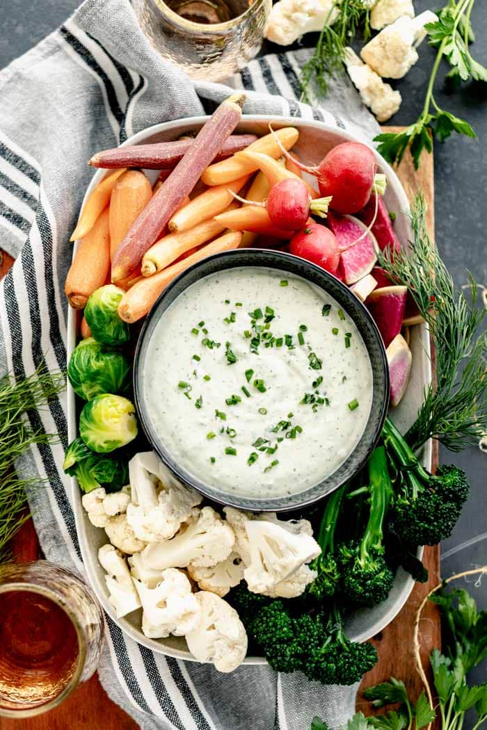 Ranch Dip and veggies platter from overhead