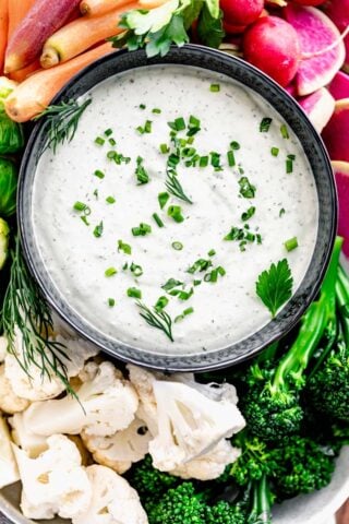 a close up of ranch dip overhead
