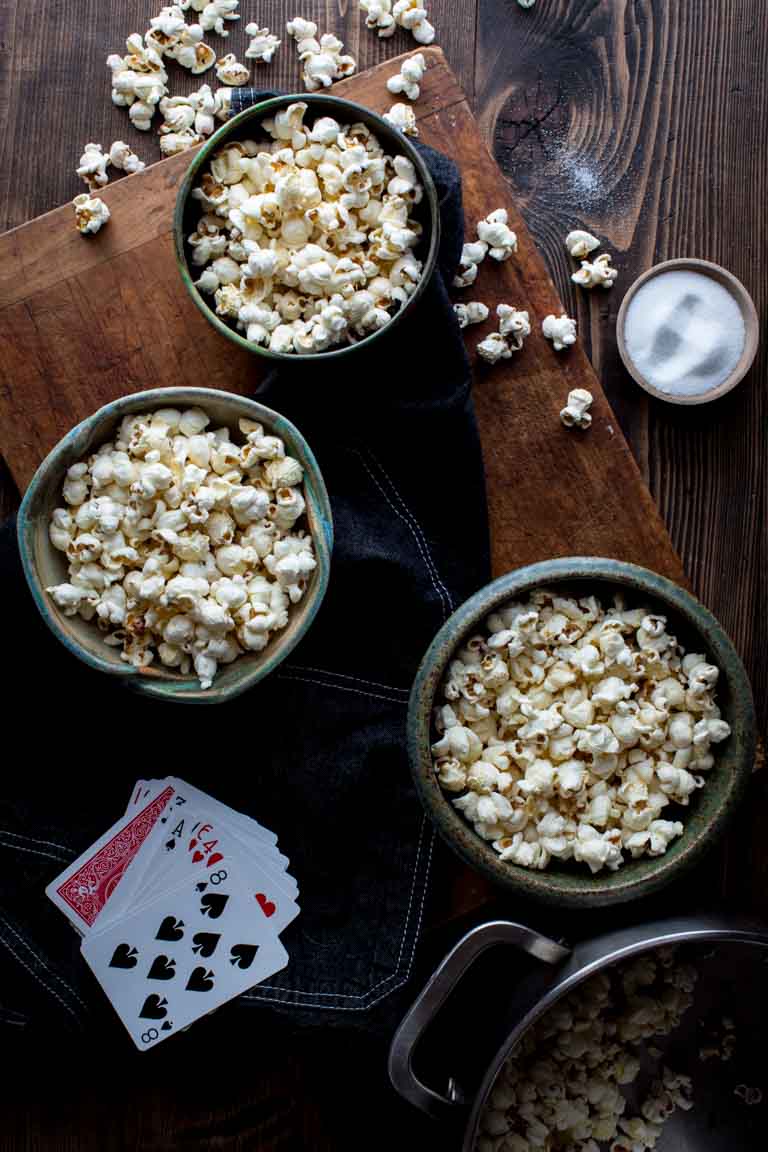bowls of stovetop popcorn