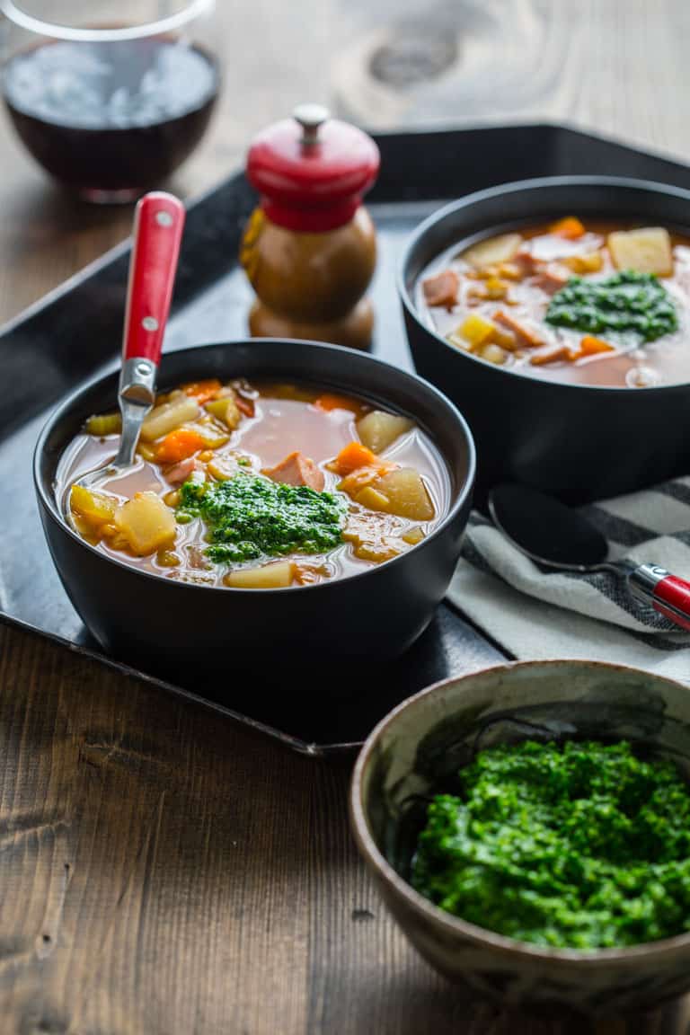 slow cooker ham and barley soup served on a platter