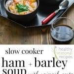 A bowl of Soup and Ham with pesto with text