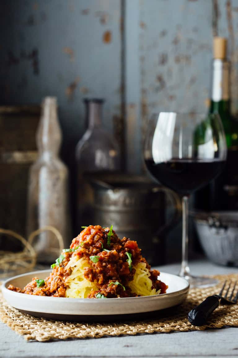 Spaghetti squash topped with turkey ragu