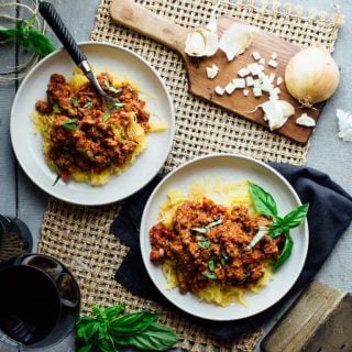 Check out this awesome Spaghetti Squash with Turkey Sausage Ragu. It is ready in just 50 minutes and is gluten free, wheat free and dairy free. | Healthy Seasonal Recipes | Katie Webster