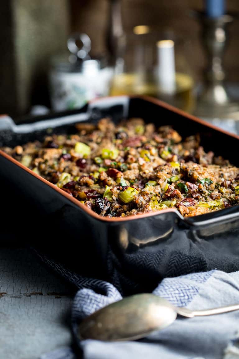 Side photo of a baking dish with Cranberry Sausage Stuffing