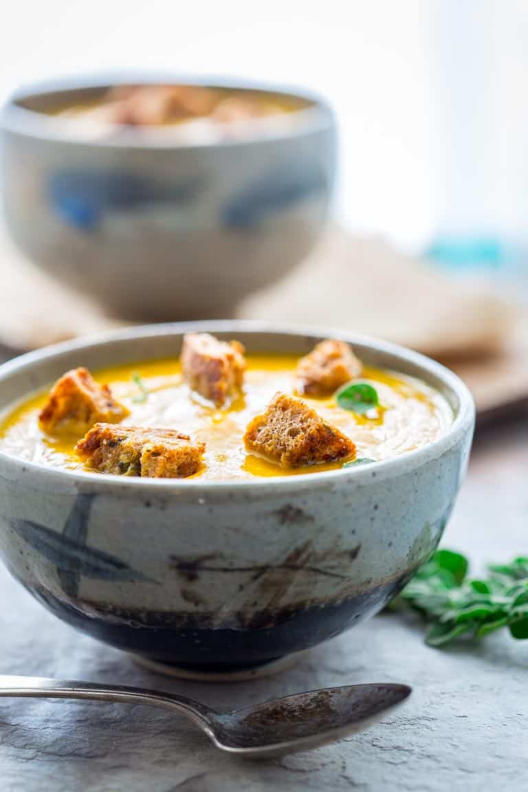 Carrot Ginger Soup with Oregano Croutons | Winter | Vegetarian | Vegan | Dairy Free | Healthy Seasonal Recipes | Katie Webster