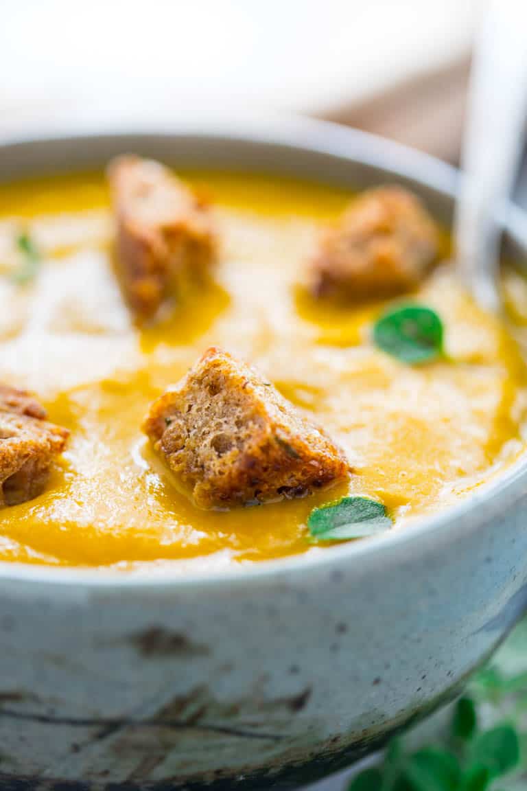 Carrot Ginger Soup with Oregano Croutons | Winter | Vegetarian | Vegan | Dairy Free | Healthy Seasonal Recipes | Katie Webster