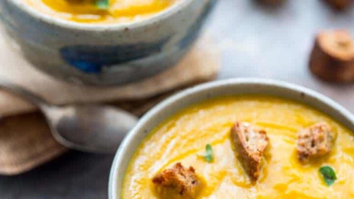 Carrot Ginger Soup with Oregano Croutons | Winter | Vegetarian | Vegan | Dairy Free | Healthy Seasonal Recipes | Katie Webster