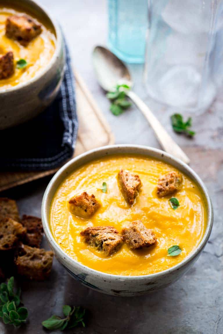 Carrot Ginger Soup with Oregano Croutons | Winter | Vegetarian | Vegan | Dairy Free | Healthy Seasonal Recipes | Katie Webster