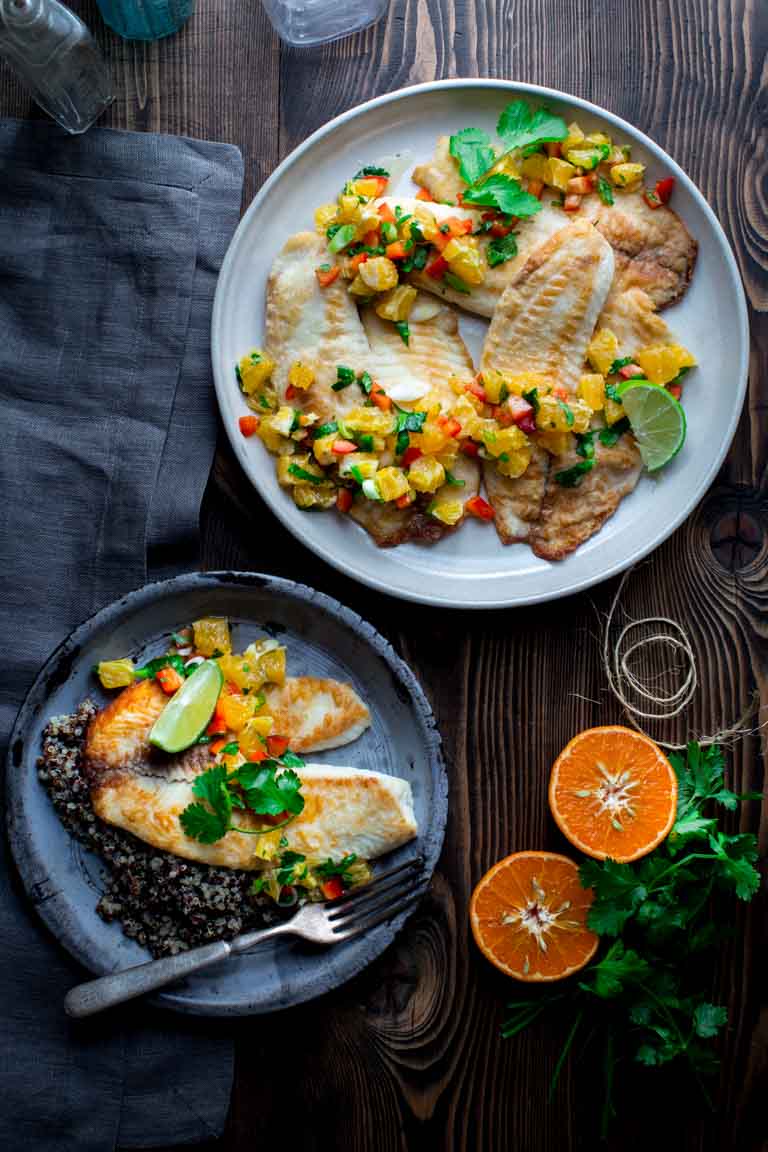 Tilapia with Tangerine Salsa is a fast and healthy weeknight meal | by Katie Webster on Healthy Seasonal Recipes