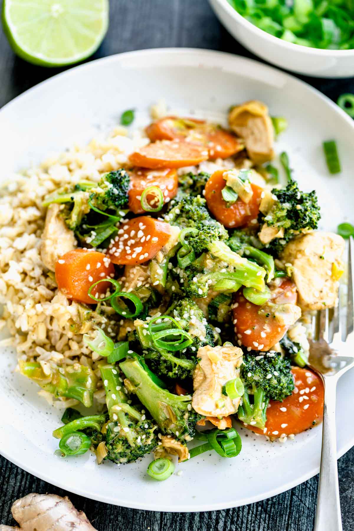 a serving of the stirfry on a plate with rice