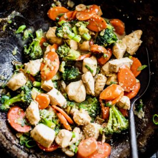 Healthy Chicken Broccoli Stir-fry in a wok up close
