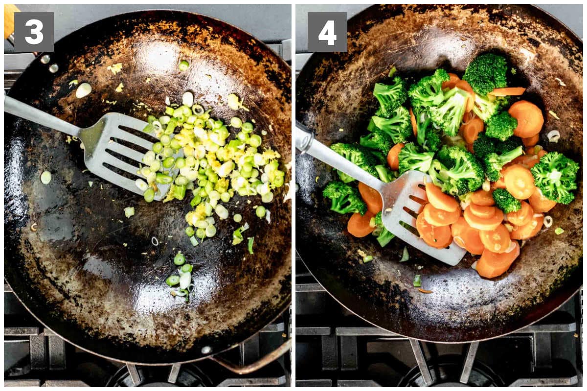 cook the aromatics then steam the broccoli and carrots