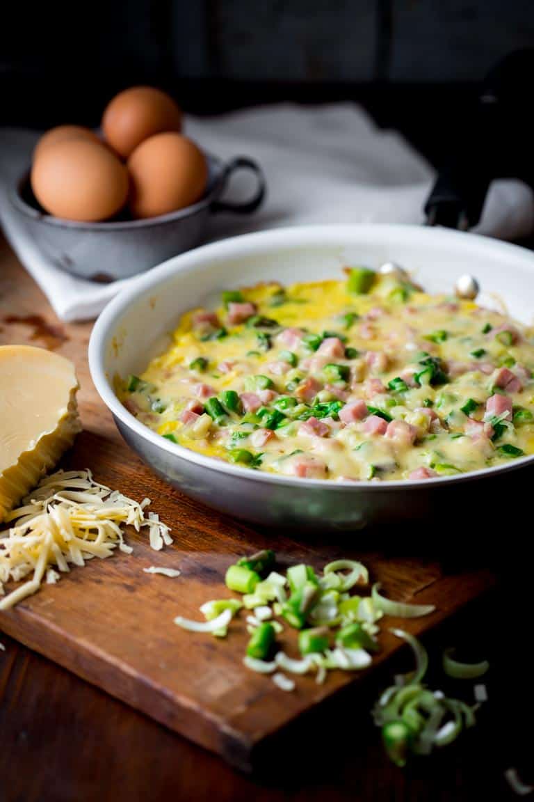 This Frittata with Ham and Asparagus is the perfect Spring meal! Ready in just 20 minutes, only 297 calories per serving, chocked full of 23 grams of protein and super kid friendly. AND you can eat it for breakfast, lunch or dinner. Healthy Seasonal Recipes and Katie Webster