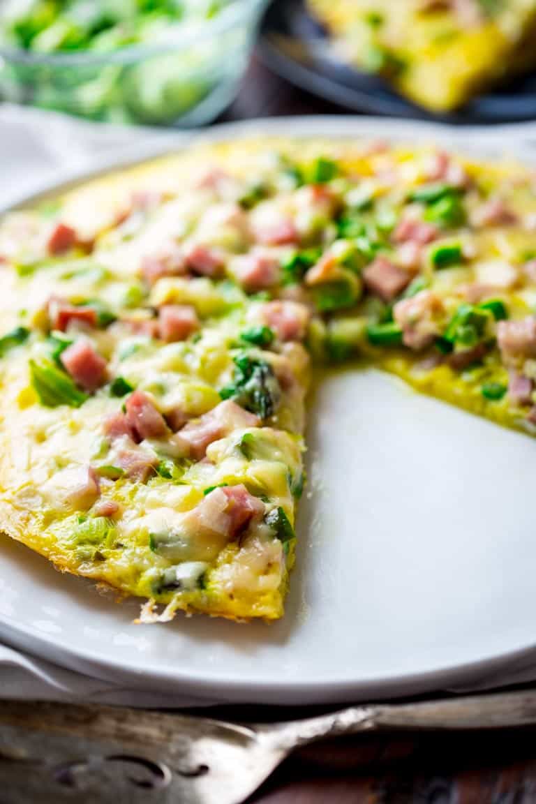 This Frittata with Ham and Asparagus is the perfect Spring meal! Ready in just 20 minutes, only 297 calories per serving, chocked full of 23 grams of protein and super kid friendly. AND you can eat it for breakfast, lunch or dinner. Healthy Seasonal Recipes and Katie Webster