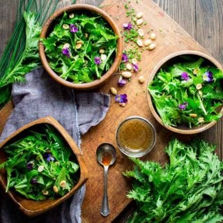 This Mizuna Salad with Peanuts is fresh, it's fast (ready in just 20 minutes!) and of course the dressing is super special and super yummy. And let's not forget that it's also dairy free, gluten free and vegan! | Healthy Seasonal Recipes | Katie Webster