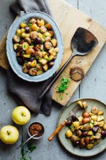 Check out this Roasted Potatoes with Apples, Sausage and Maple Mustard Glaze. With just 25 minutes of prep and only one pan you&rsquo;ll be able to put a delicious kid friendly dinner on the table without breaking a sweat. And it&rsquo;s dairy free and wheat free! | Healthy Seasonal Recipes | Katie Webster