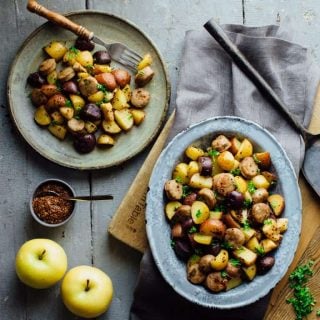 Check out this Roasted Potatoes with Apples, Sausage and Maple Mustard Glaze. With just 25 minutes of prep and only one pan you’ll be able to put a delicious kid friendly dinner on the table without breaking a sweat. And it’s dairy free and wheat free! | Healthy Seasonal Recipes | Katie Webster