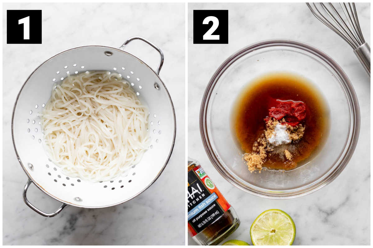 on the left the cooked noodles in a colander and on the right the ingredients for the sauce (before they are whisked together.)