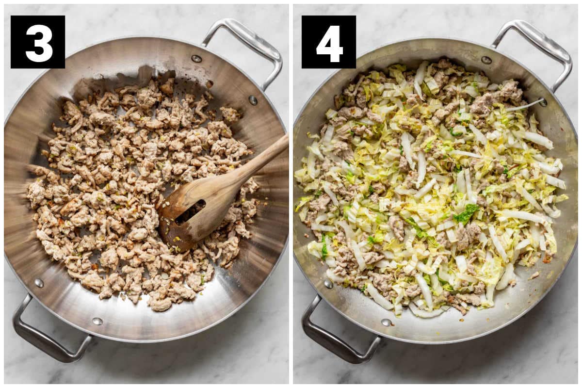 photo collage of: ground turkey in a skillet on the left and the turkey and napa cabbage cooked together in the right photo
