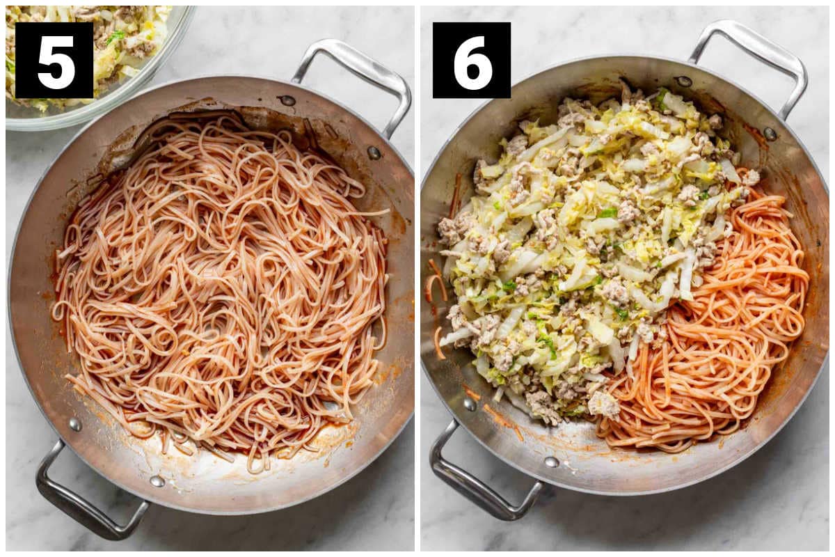 collage of two photos: left is the noodles in the sauce and right is the cabbage and turkey mixture in the same skillet as the noodles before they are stirred together