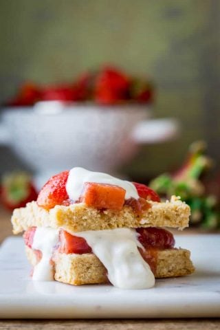 These Strawberry Rhubarb Shortcakes are a make-ahead healthier twist on the classic recipe. The perfect summer vegetarian dessert showcasing the magical combination of strawberries and rhubarb! | Healthy Seasonal Recipes | Katie Webster