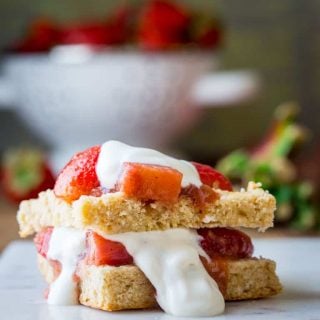 These Strawberry Rhubarb Shortcakes are a make-ahead healthier twist on the classic recipe. The perfect summer vegetarian dessert showcasing the magical combination of strawberries and rhubarb! | Healthy Seasonal Recipes | Katie Webster