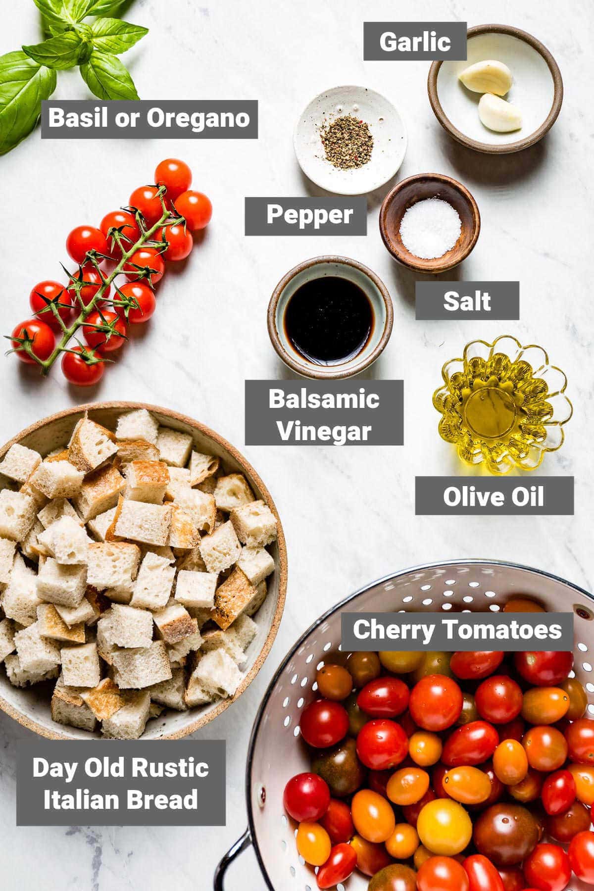 ingredients for Cherry Tomato Panzanella with labels