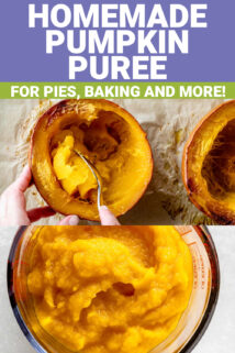 scooping pumpkoin, pureed pumpkin and text overlay