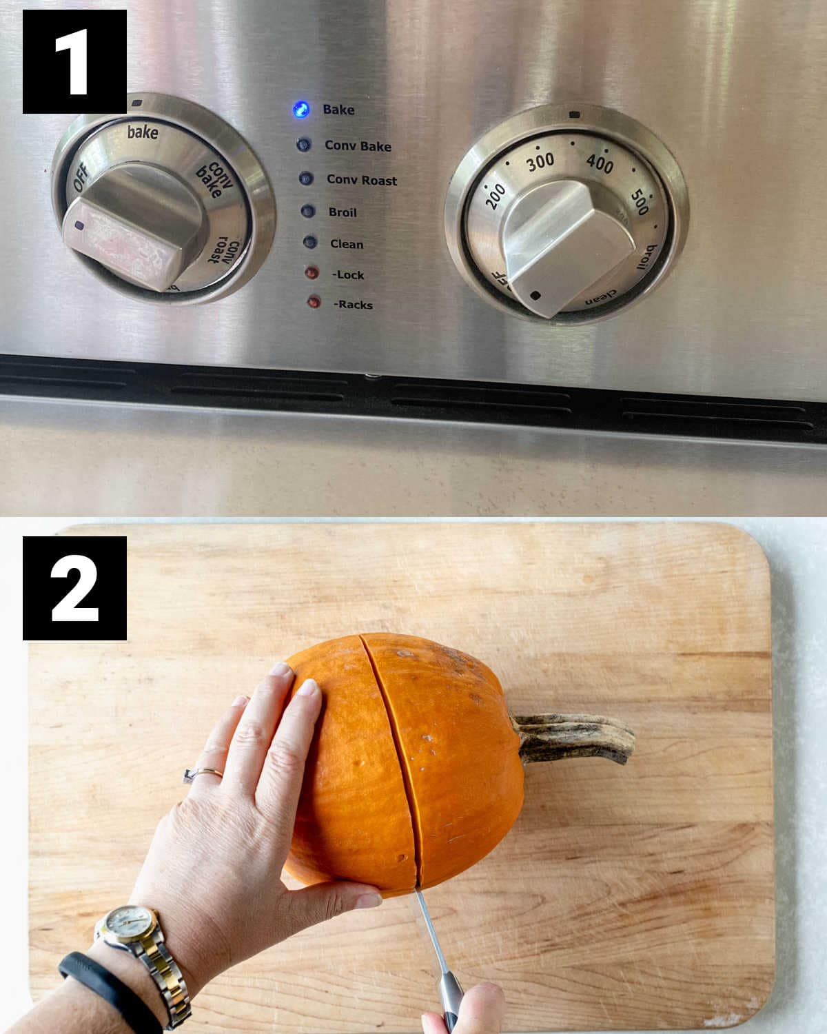 preheat the oven, cut the pumpkin in half