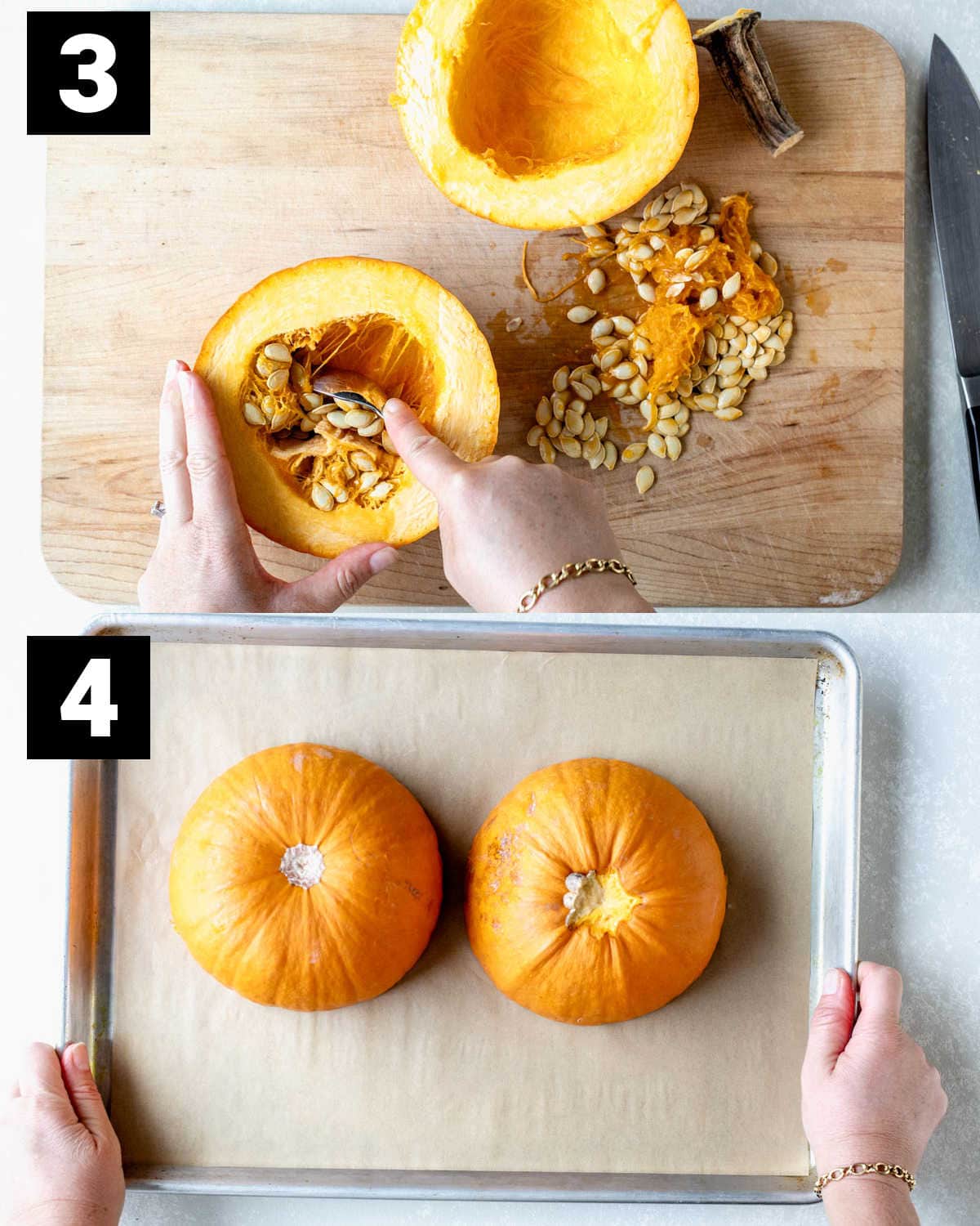 scoop out the seeds and set the pumpkin cut side down on the parchment lined baking sheet