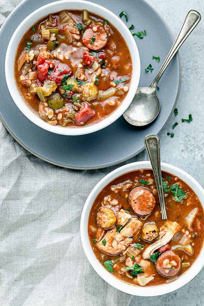 Slow cooker Chicken Gumbo in two bowls overhead