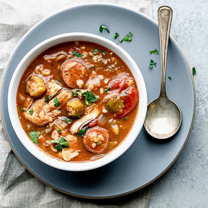 a close up of a serving of gumbo from overhead