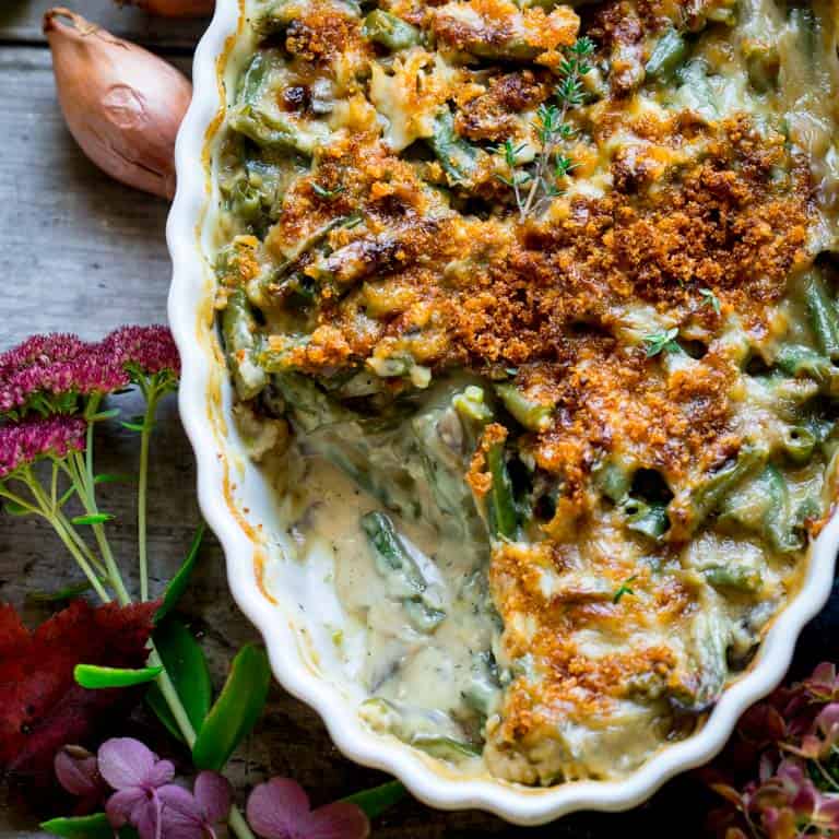 Put down that can and make this absolutely delicious and easy from-scratch Cheddar Green Bean Casserole. It’s the perfect vegetarian make-ahead dish. | Healthy Seasonal Recipes | Katie Webster