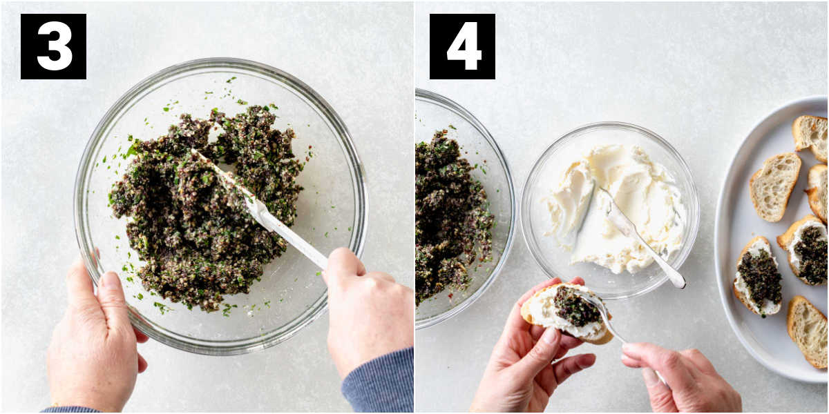mixing in the parsley and assembling the crostini