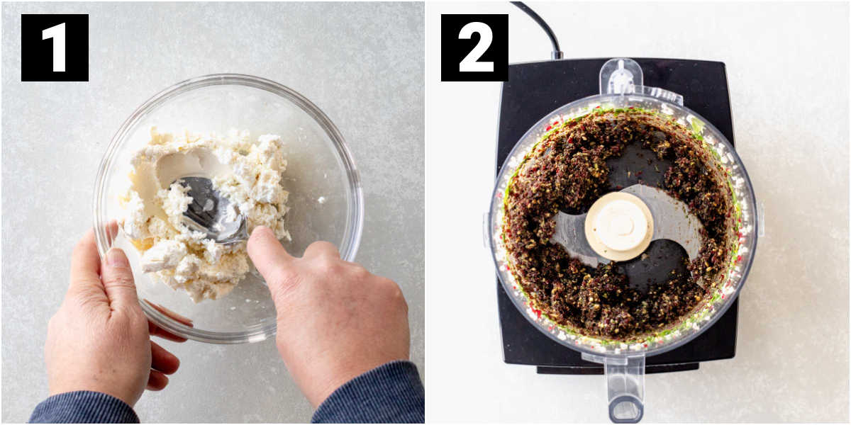 mixing the chevre and the pesto before adding parsley