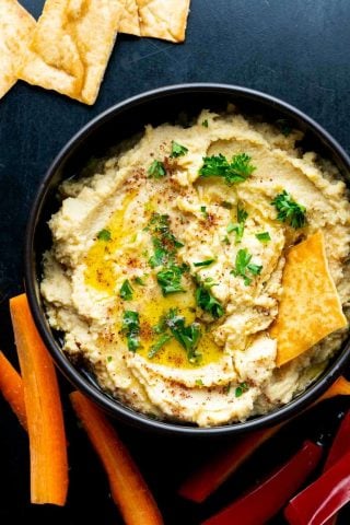 Roasted Garlic Hummus with veggies and pita chips