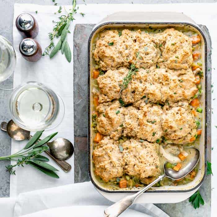 an overhead view of chicken and biscuits casserole