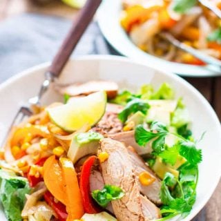 This Grilled Chicken Fajita Salad for Salad Month is Low-Carb and Gluten-Free and will be the star of any Cinco De Mayo celebration! | Healthy Seasonal Recipes | Katie Webster