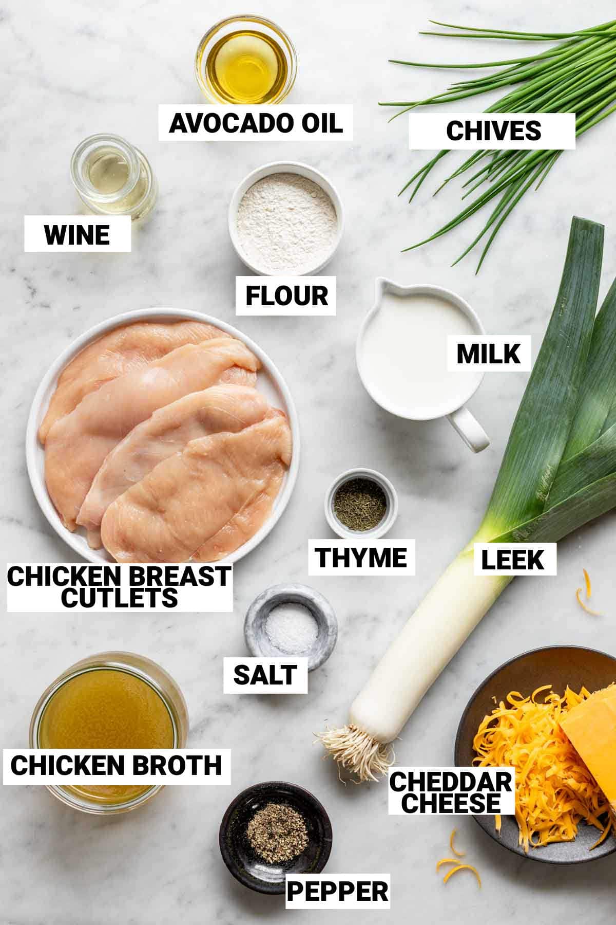 the chicken, leeks and other ingredients for the cheese sauce on a white table with text labels